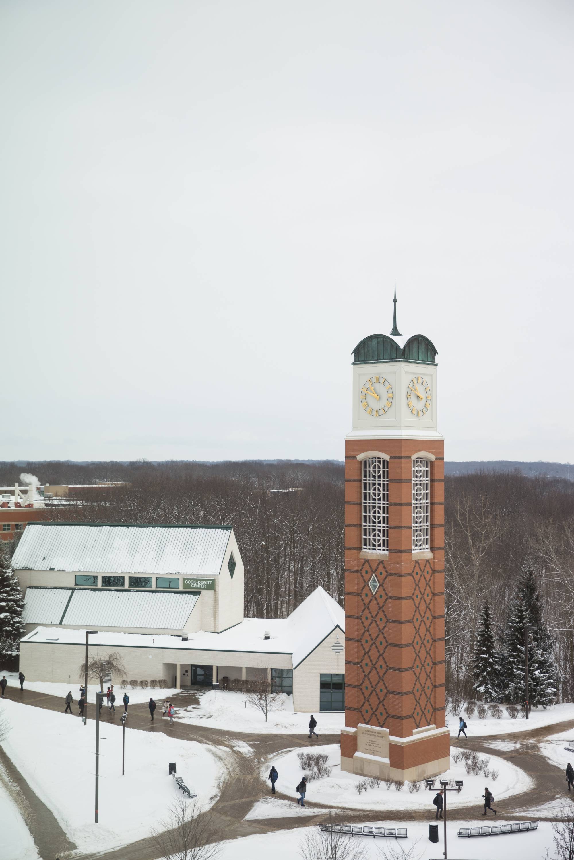 GVSU clock tower in winter